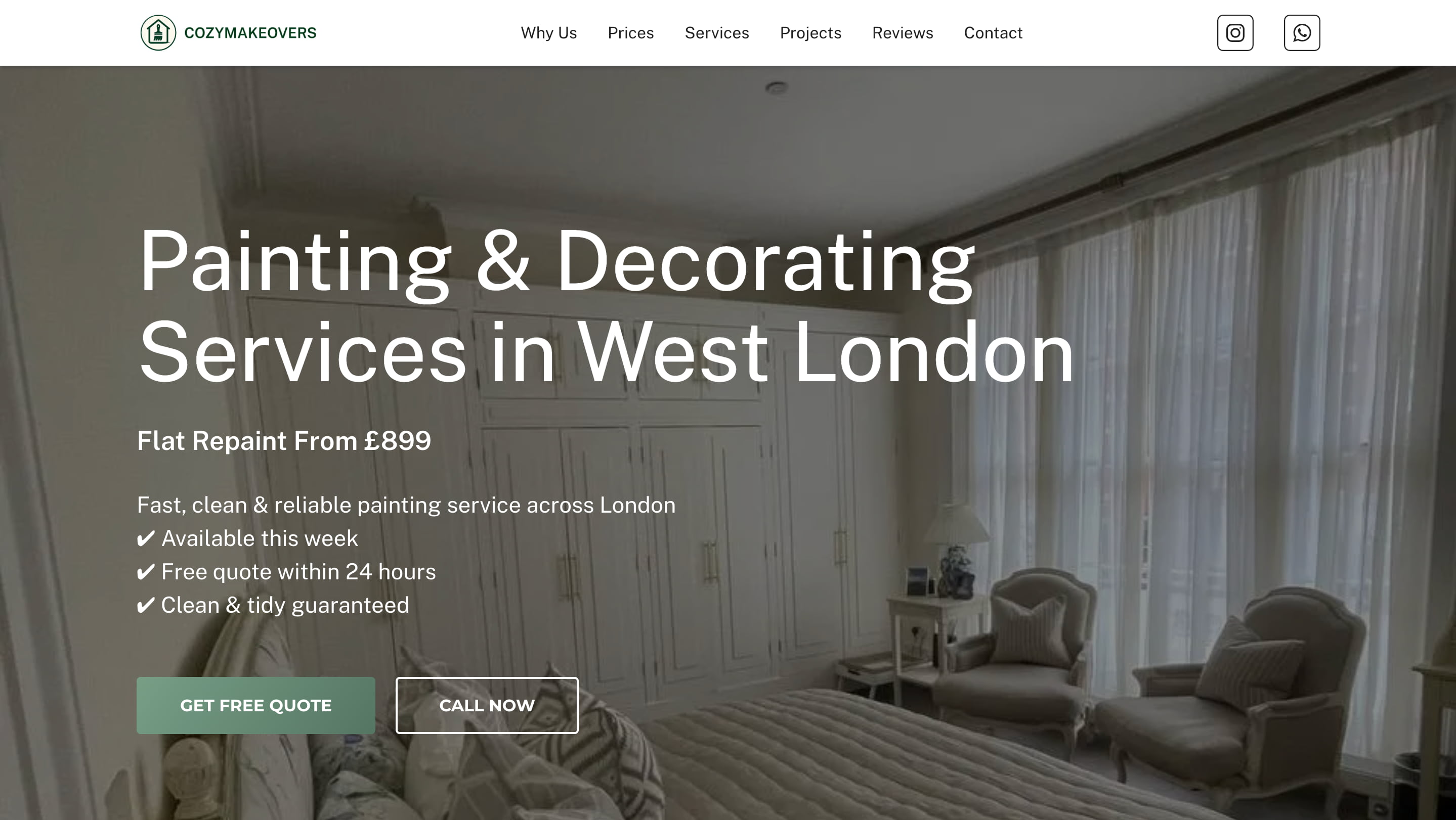 CozyMakeovers homepage hero section with full-width background image and dual CTA buttons