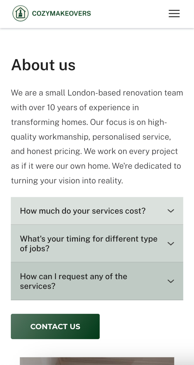 CozyMakeovers mobile — services section