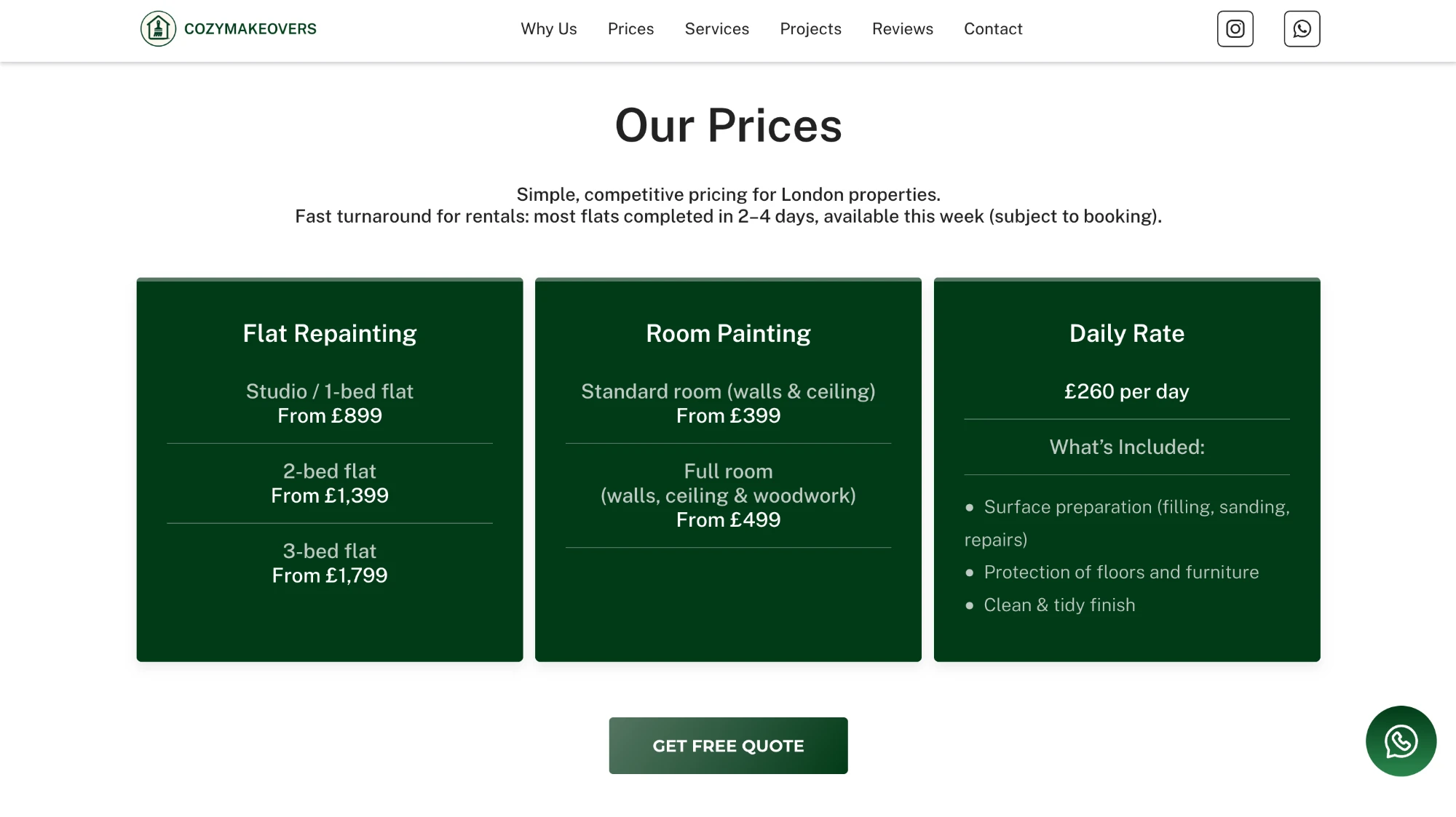 CozyMakeovers pricing section showing three tiers: Flat Repainting, Room Painting, and Daily Rate