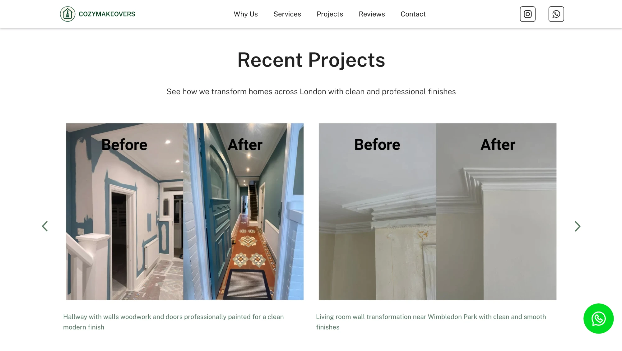 CozyMakeovers before and after project gallery showing hallway and living room transformations