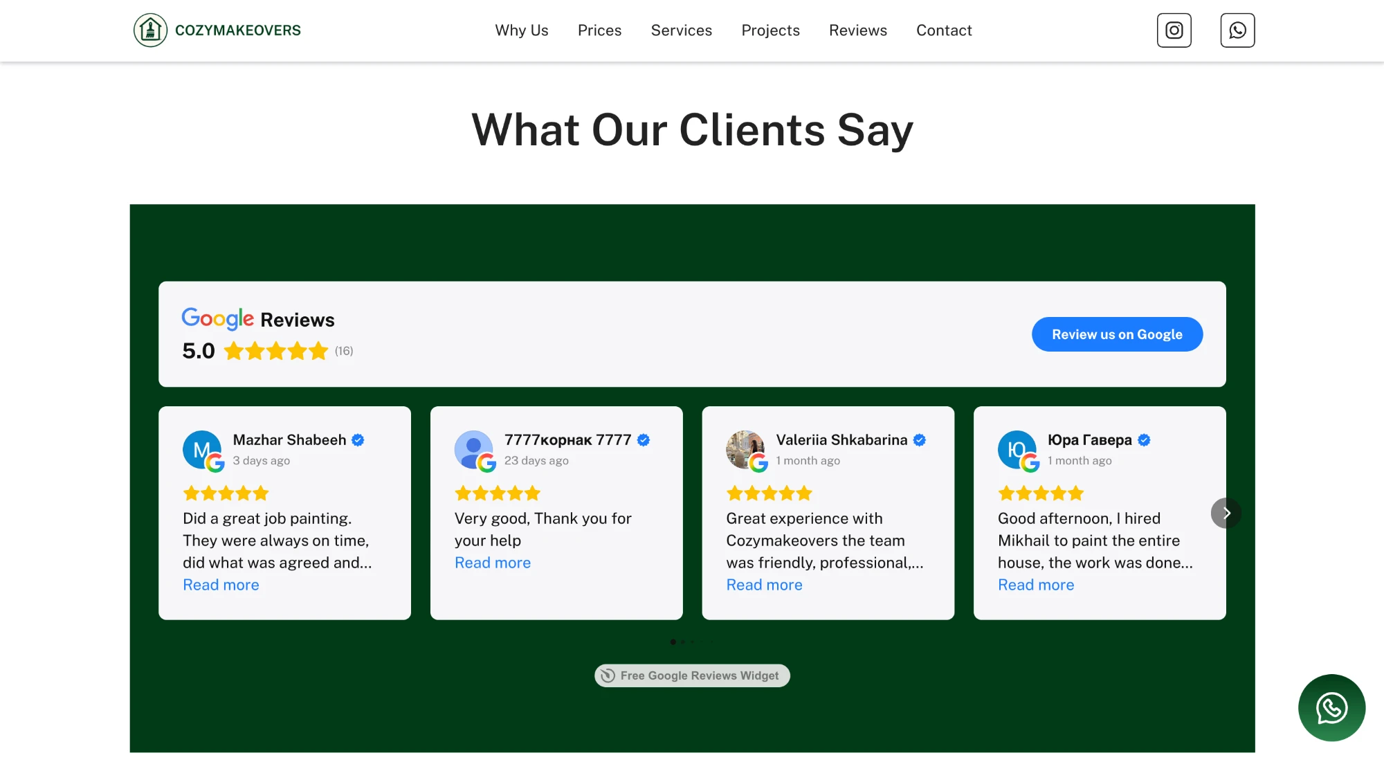 CozyMakeovers Google Reviews section showing 5.0 stars across 16 reviews