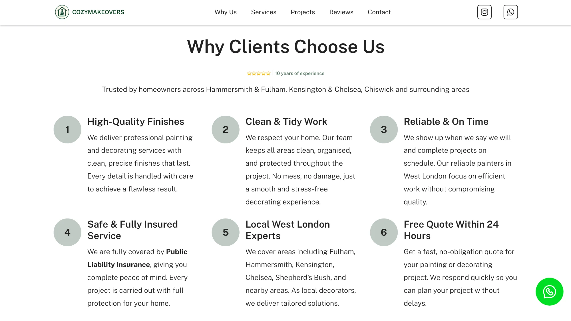 CozyMakeovers Why Clients Choose Us section showing 6 trust points