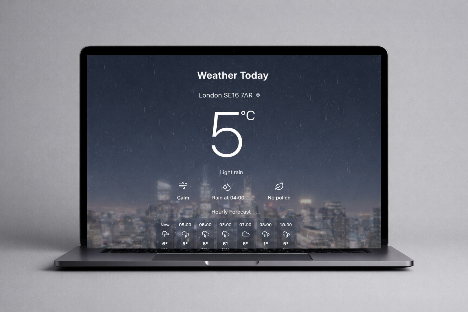 Weather forecast app showing current conditions and hourly forecast