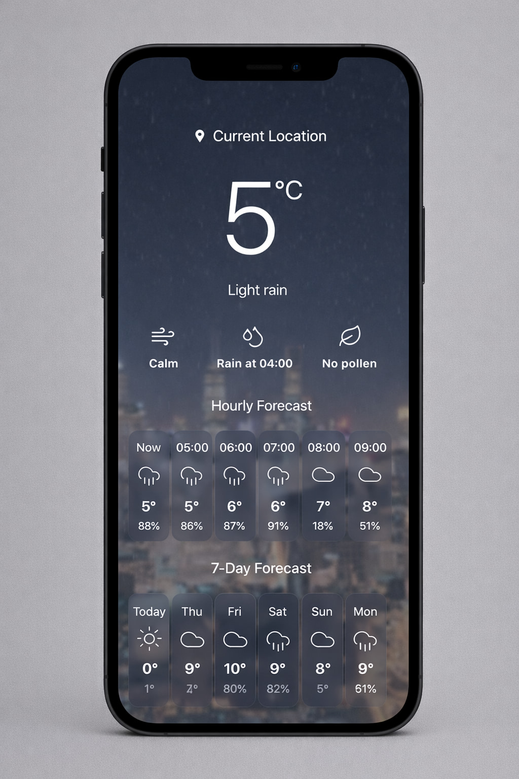 Weather app mobile view showing current weather and hourly forecast