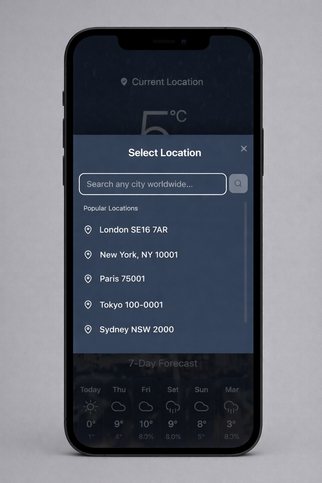 Weather app showing dynamic background and location selector